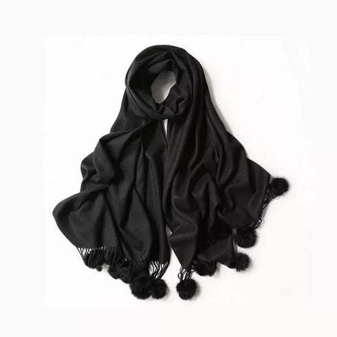 Solid Colour Soft Pom Pom Cashmere Shawl